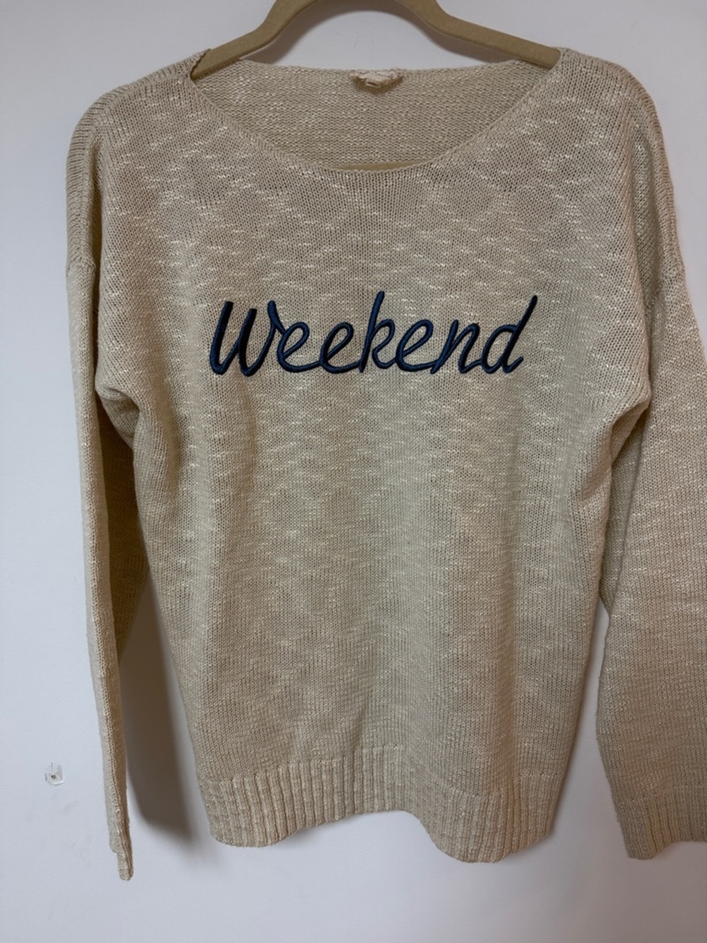 Hem & Thread Cream Crewneck Sweater with Navy 'Weekend' Script